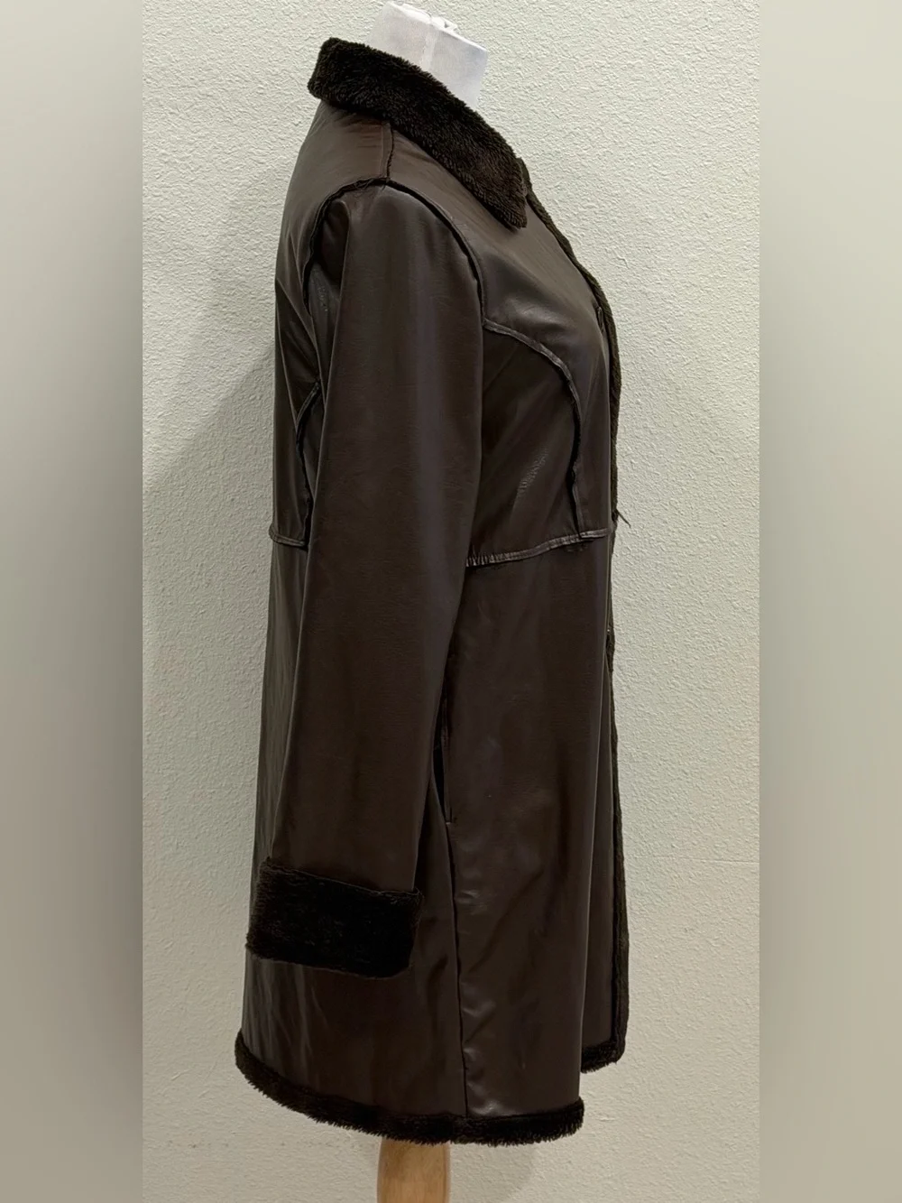 Outer Edge Y2K Brown Faux Leather Faux Fur Trim Trench Coat Large Jacket Grunge